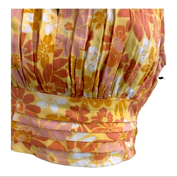 Orange multicolor shirred cutout bust tiered hem cropped halter top size XS new - Picture 7 of 12